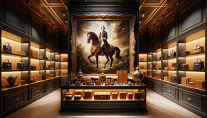 Tableau équestre aristocratique du XVIIIe siècle exposé dans boutique Hermès avec sacs en cuir iconiques