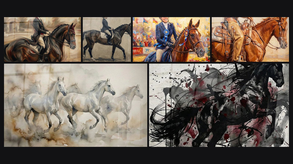 Mosaïque de six tableaux, dont Dressage Équestre, Chevaux blancs au galop et Cavalière en dressage
