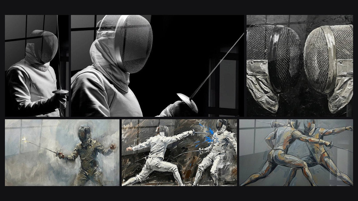 Mosaïque de six tableaux, dont Escrime, Escrimeur et Masques d'Escrime