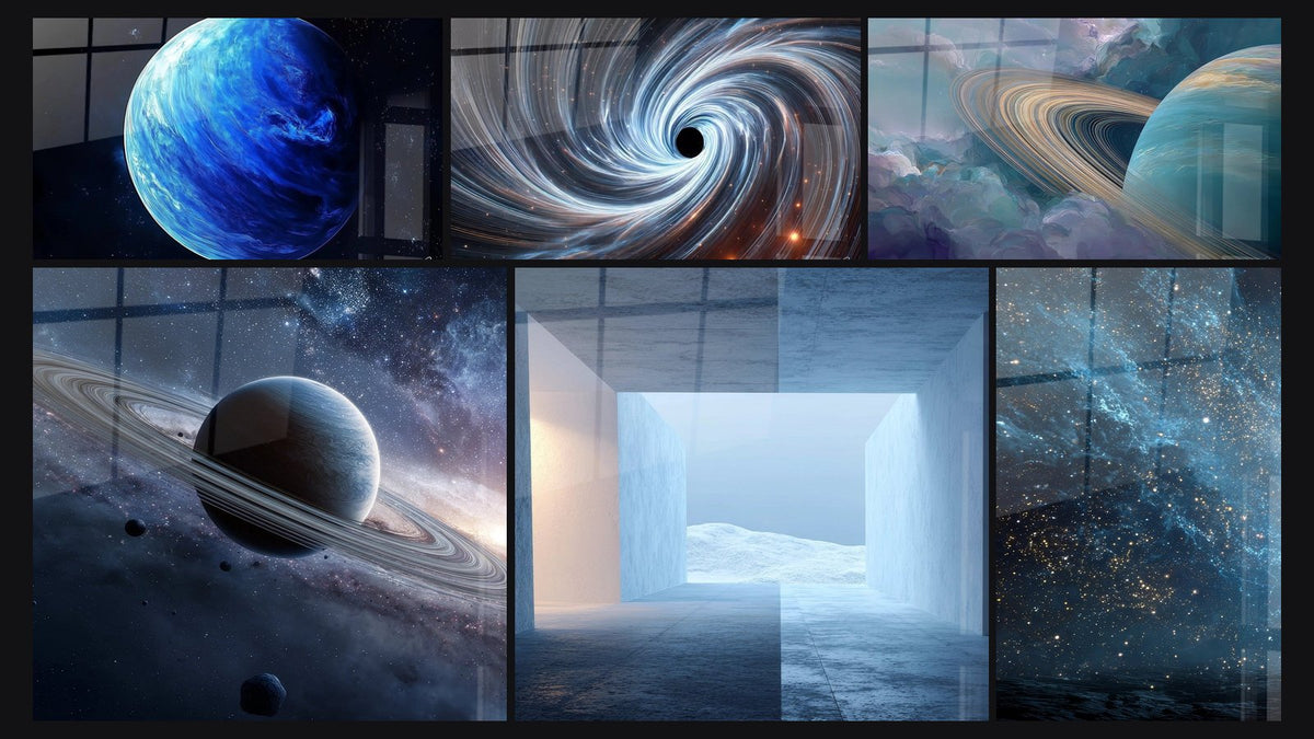 Mosaïque de six tableaux, dont Neptune N°1, Espace N°8 et Planète Saturne avec ses anneaux