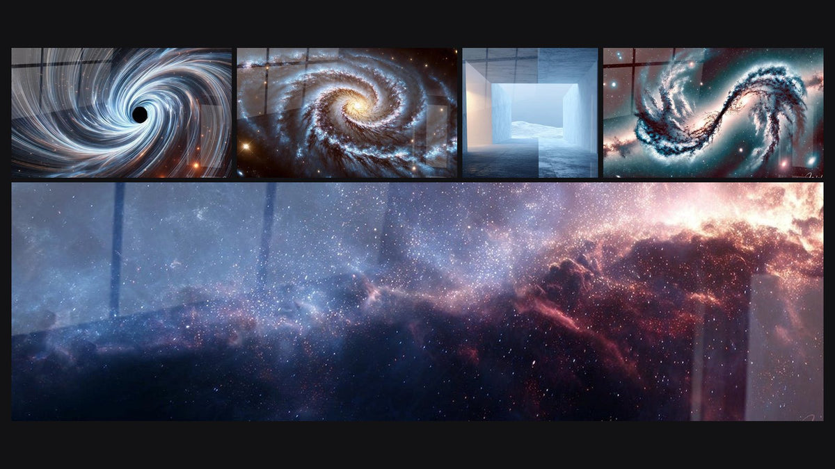 Mosaïque de cinq tableaux, dont Espace N°8, L'Œil de l'Univers et Paysage cosmique