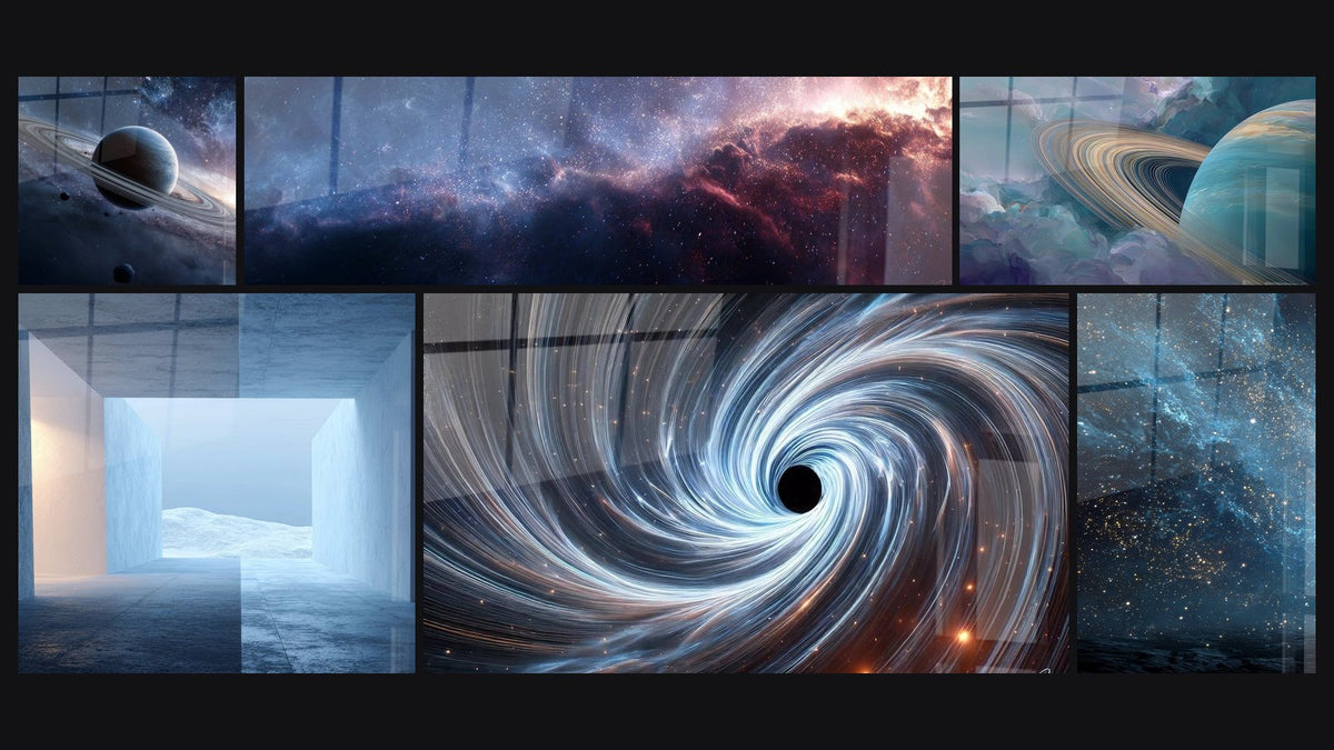 Mosaïque de six tableaux, dont Planète Saturne avec ses anneaux, Architecture futuriste et Paysage cosmique