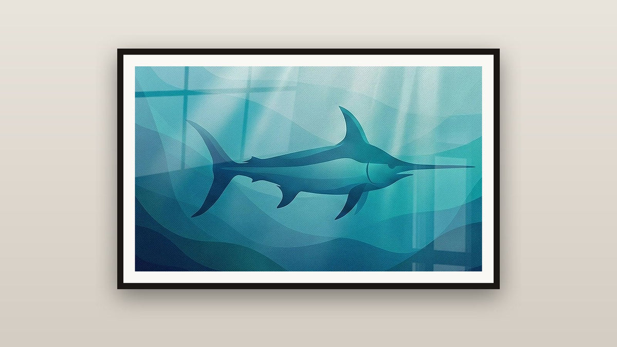 Tableau encadré sur un mur : Espadon Géométrique Tons Turquoise et Bleu