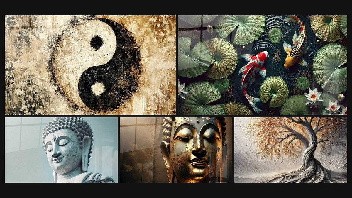 Mosaïque de cinq tableaux, dont Fusion des Énergies, Sous les Feuilles, une Poésie et Tranquillité Divine