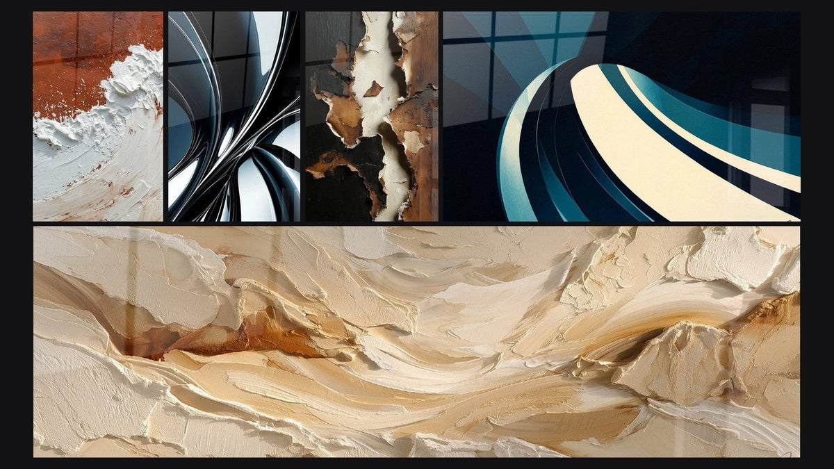 Mosaico di cinque quadri, tra cui Astratto Terra e Bianco con Spessa Materia e A spirale in metallo cromato