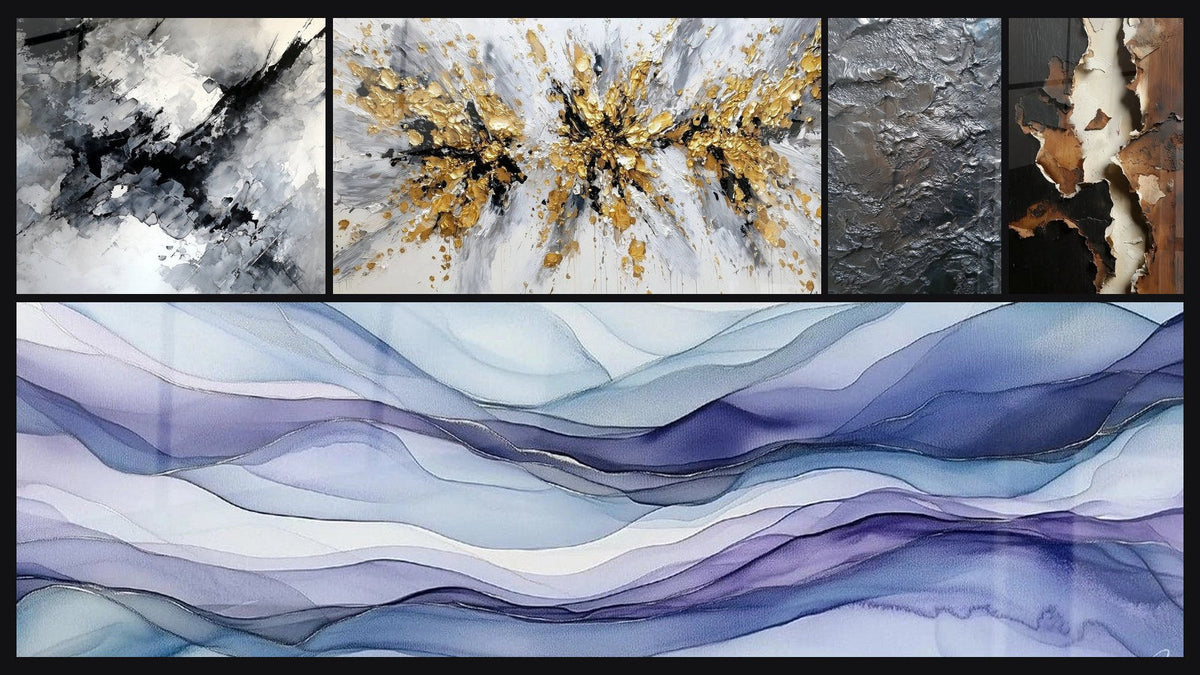 Mosaico di cinque quadri, tra cui Drappi Onirici Pervinca