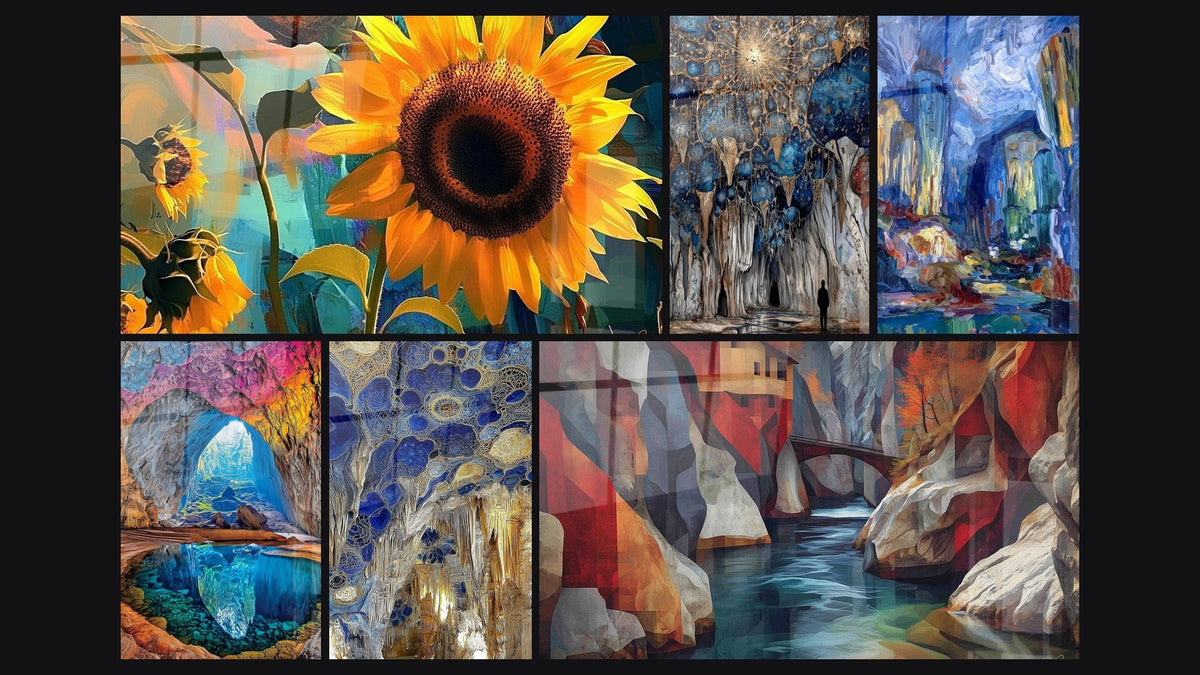 Mosaico di sei quadri, tra cui Girasole N°1, Cattedrale Sotterranea Luminosa e Grotte Naturali Colorate