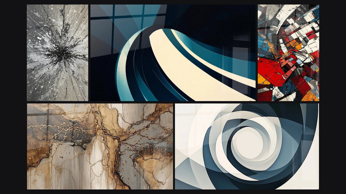 Mosaic of five paintings, including Modern Spiral Wave, Architectural Revolution Modern and Vortex Azure