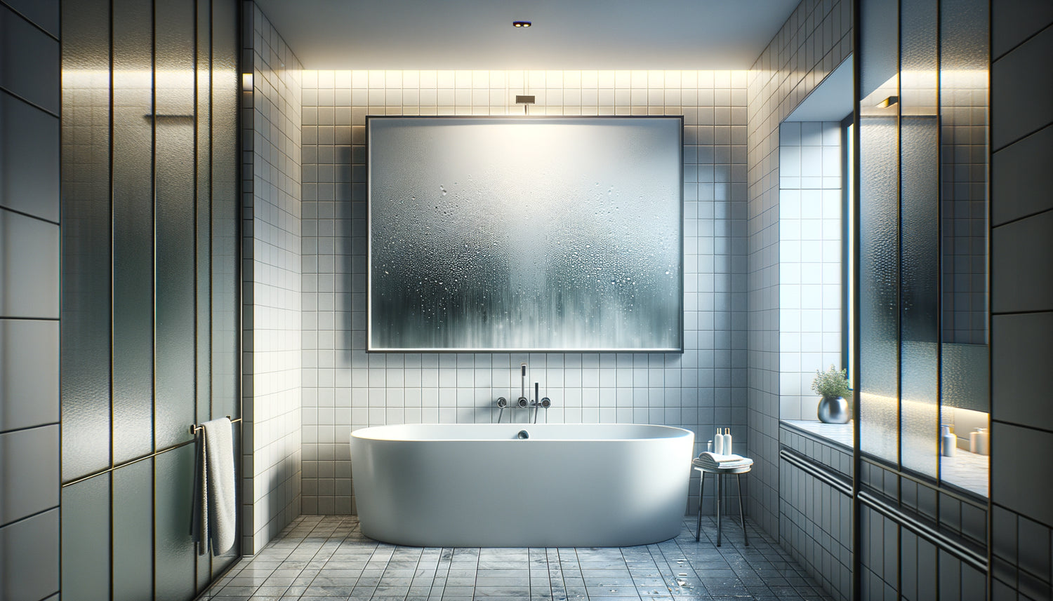 Tableau encadré étanche accroché dans salle de bain moderne avec gouttelettes d'eau, protection anti-humidité visible