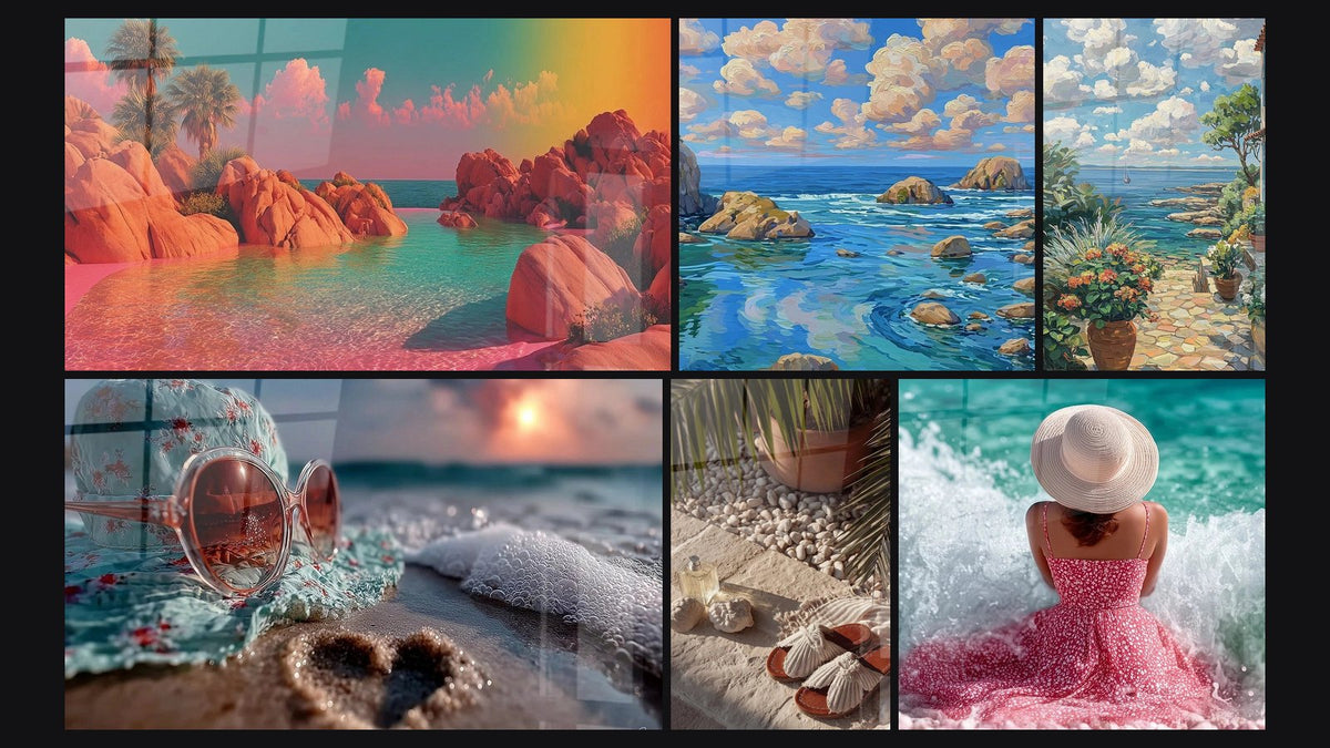 Mosaïque de six tableaux, dont Paysage Oasis Solaire, Lunettes de soleil sable chaud et Escapade Sandales Abandonnées