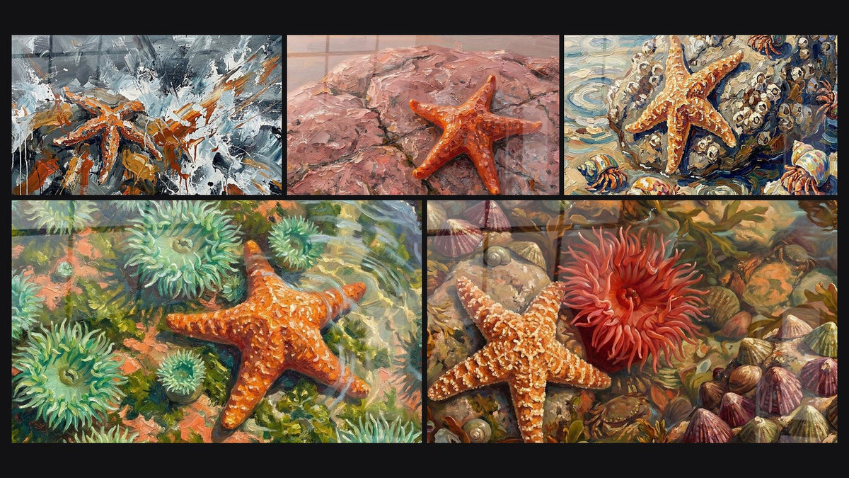 Mosaïque de cinq tableaux, dont Étoile de Mer Orange sur Rochers Roses
