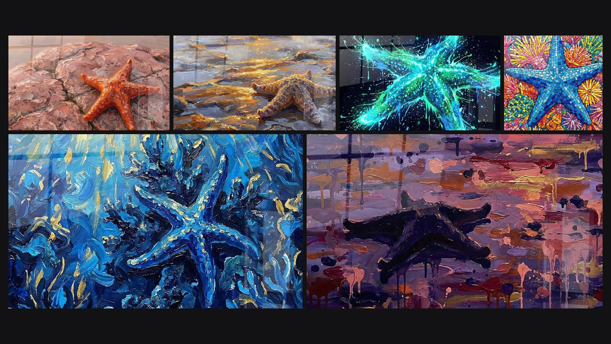 Mosaïque de six tableaux, dont Étoile de Mer Orange sur Rochers Roses et Étoile de Mer Lumineuse Turquoise et Verte