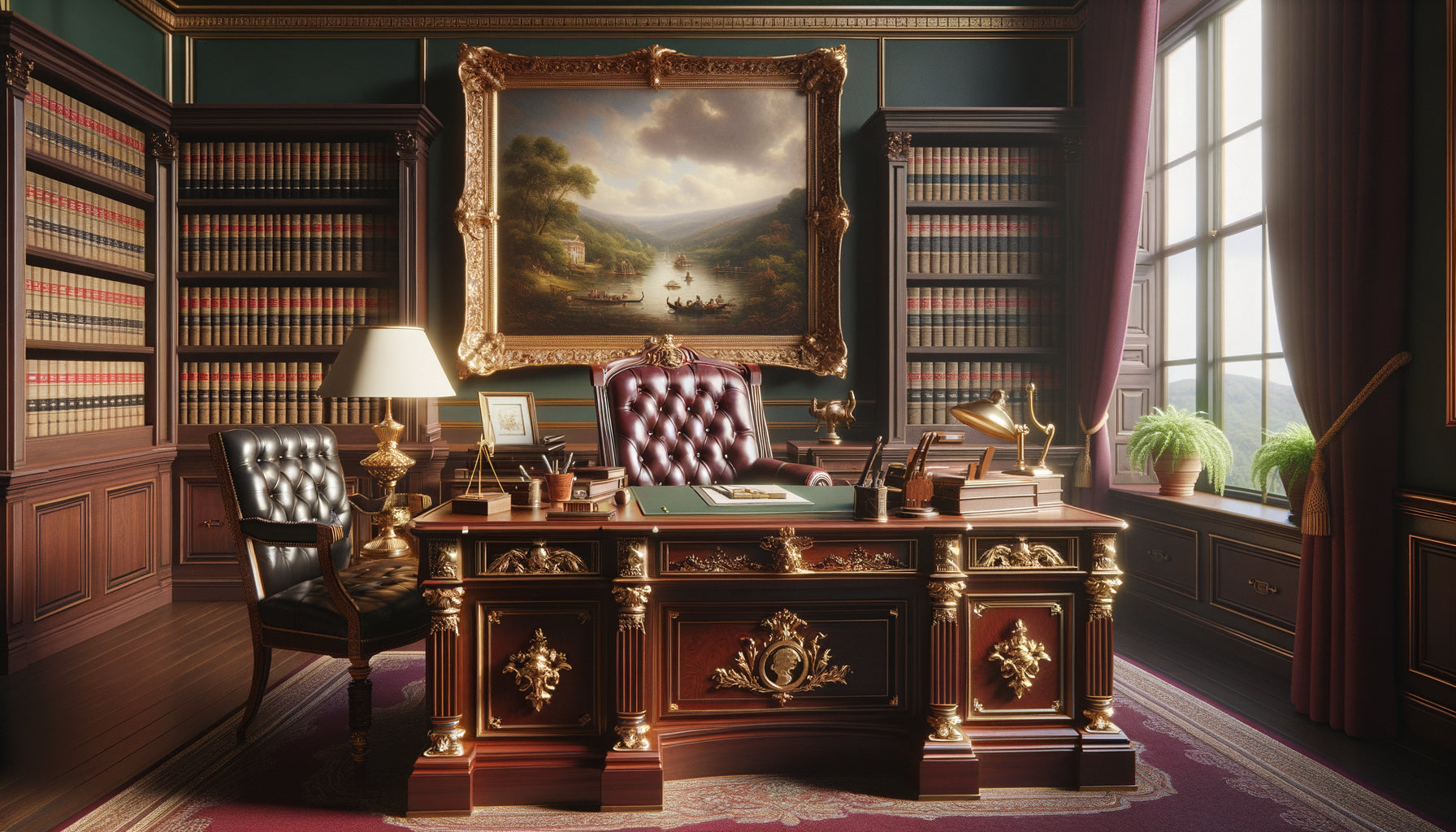 Tableau classique encadré dans une étude notariale traditionnelle avec mobilier en bois précieux et ambiance professionnelle rassurante