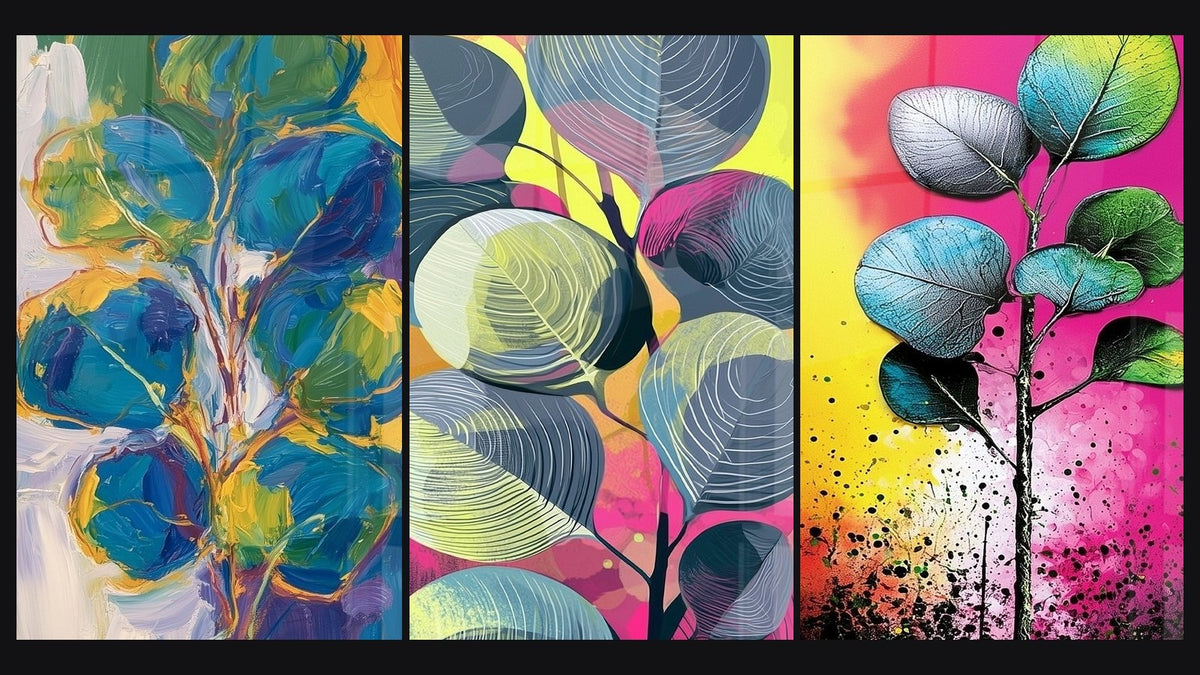 Mosaïque de trois tableaux, dont Feuilles rondes bleu marine et jaune fluo