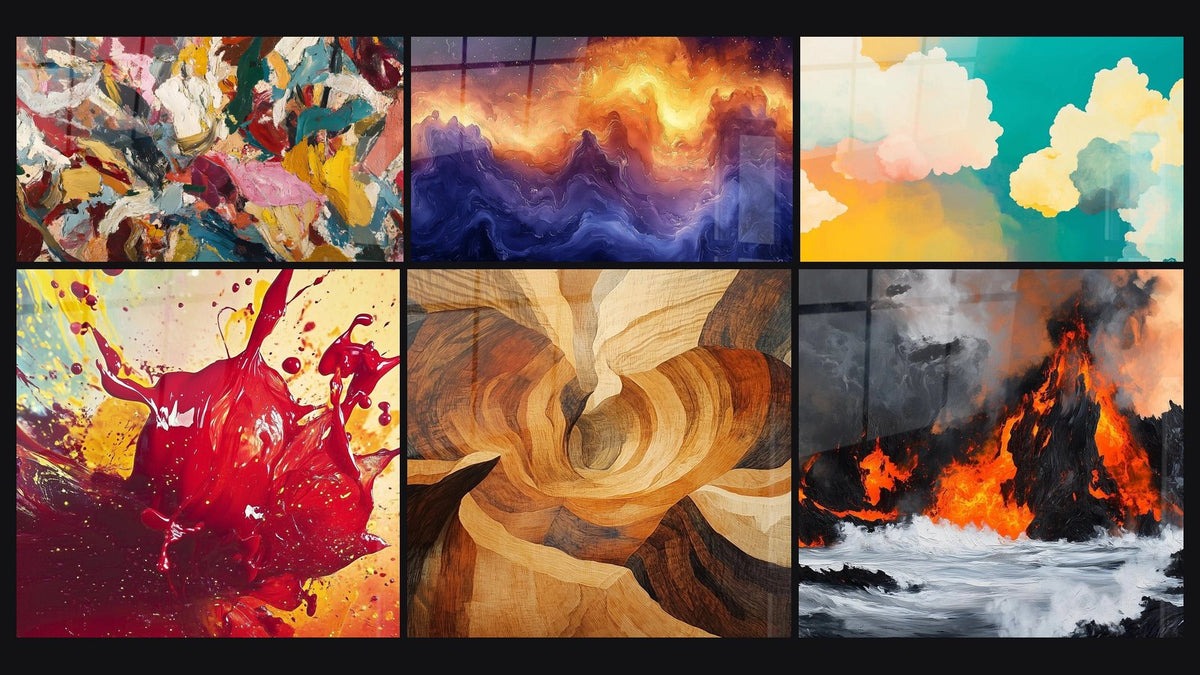 Mosaïque de six tableaux, dont Abstrait expressionniste, Bouleversement Intense Rouge et Cyclone Grain Cuivré