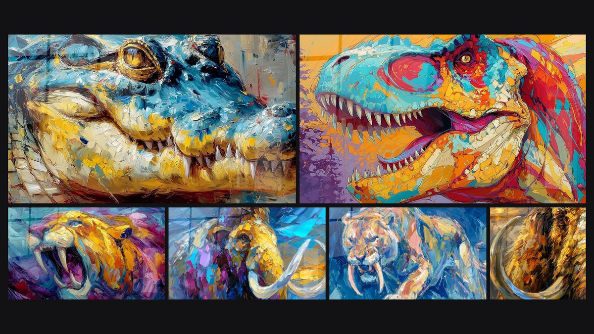 Mosaik aus sechs Gemälden, darunter Smilodon Brüllend, Farbenfroher T-Rex-Kunstdruck und Säbelzahn-Tiger in Ölmalerei