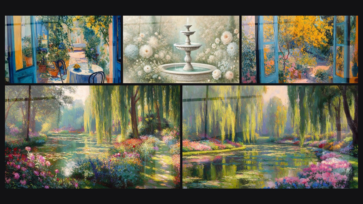 Mosaïque de cinq tableaux, dont Terrasse méditerranéenne, Fontaine Romantique et Étang aux nénuphars et saules pleureurs