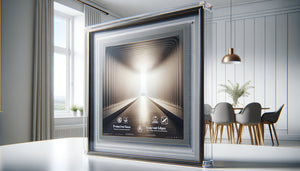 Gros plan d'un tableau moderne avec encadrement lisse et vitre protectrice, illustrant les critères d'entretien facile