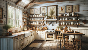 Cuisine champêtre avec tableau style farmhouse rustique, murs blancs, éléments bois vieilli et décoration authentique