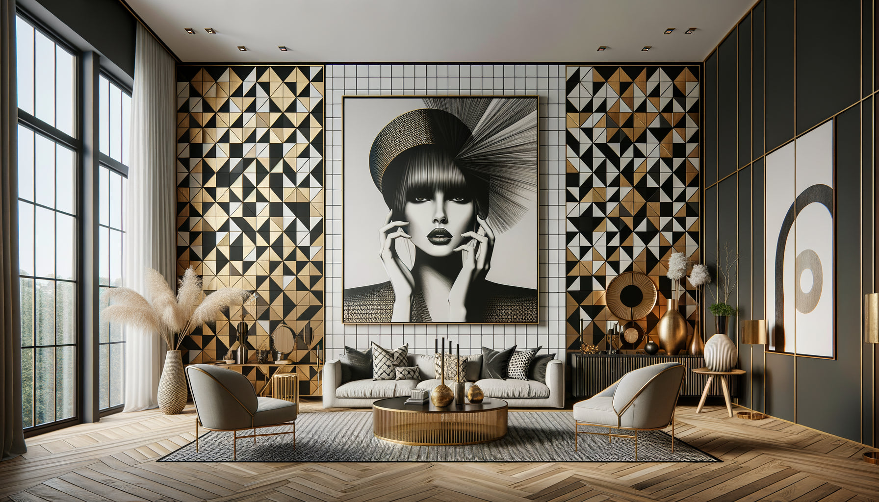 Intérieur contemporain avec tableau mural fashion harmonisé avec papier peint à motifs géométriques noir blanc et or