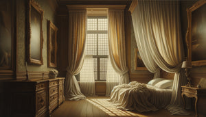 Peinture classique d'intérieur avec fenêtre aux rideaux entrouverts révélant lumière douce, style baroque hollandais