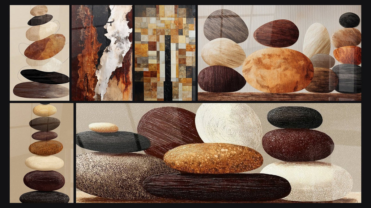 Mosaïque de six tableaux, dont Galets Empilés Tons Naturels Ocre et Bois et Galets Empilés Tons Naturels