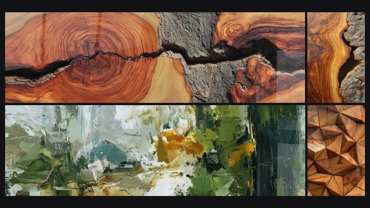 Mosaik aus vier Gemälden, darunter Naturholz und roher Stein organisch und Geometrische Dreiecksmuster aus Naturholz