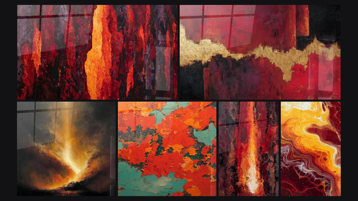 Mozaïek van zes schilderijen, waaronder Abstracte Oranje en Rode Vlammen en Abstract Rood Oranje en Zwart