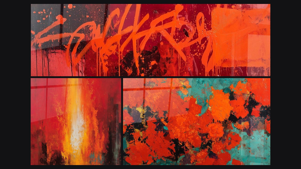 Mosaïque de trois tableaux, dont Explosion abstraite rouge orange turquoise
