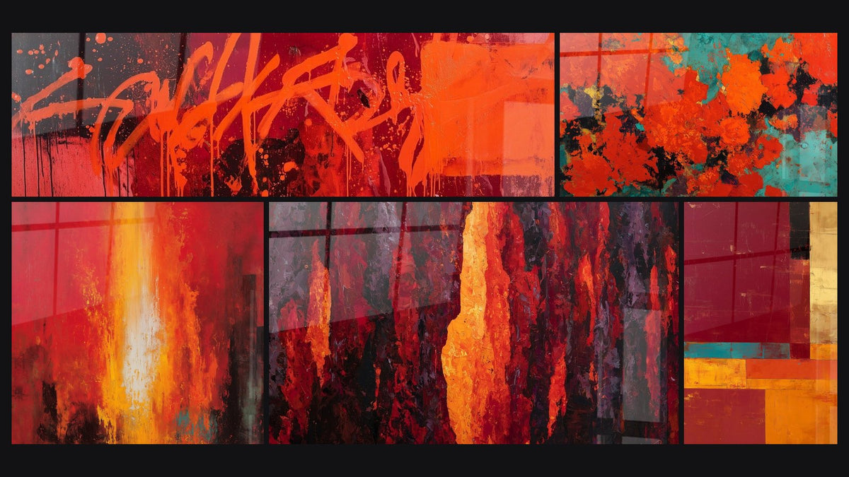 Mosaïque de cinq tableaux, dont Explosion abstraite rouge orange turquoise et Abstrait Flammes Oranges et Rouges