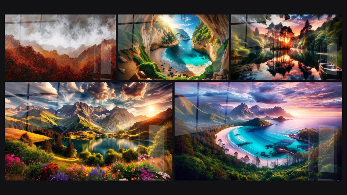 Mosaïque de cinq tableaux, dont Échappée Belle en Paradis Perdu, Barque Oubliée en Éden Secret et Splendeur du Lac Montagnard