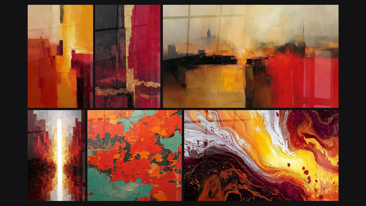Mosaïque de six tableaux, dont Abstrait rouge et or avec accents dorés
