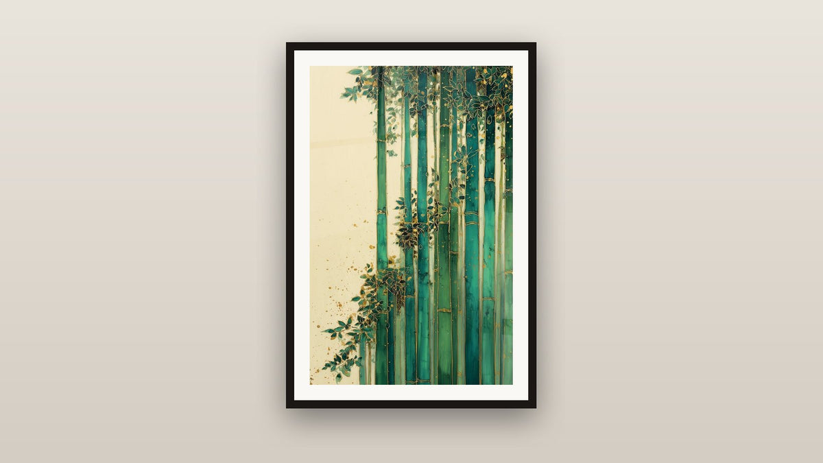 Tableau encadré sur un mur : Bambous Verts et Dorés sur Fond Crème
