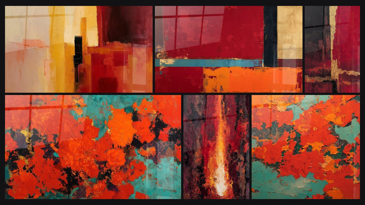 Mosaico de seis cuadros, entre ellos Explosión abstracta rojo naranja turquesa y Abstracto Rojo Naranja y Negro