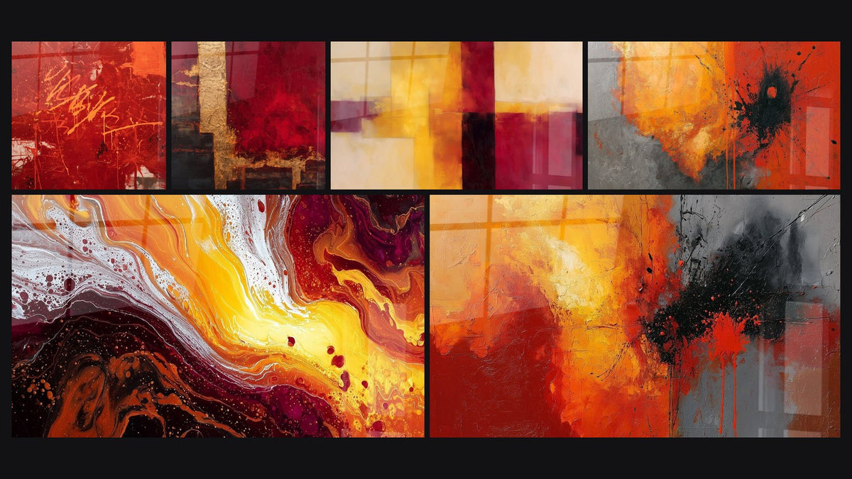 Mosaïque de six tableaux, dont Composition Abstraite Rouge Bordeaux et Or et Abstrait géométrique rouge orange et beige
