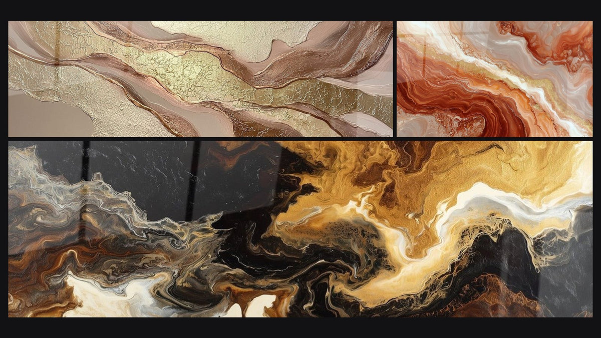 Mosaïque de trois tableaux, dont Abstrait Vagues Dorées et Cuivrées et Abstrait tourbillons dorés et noirs