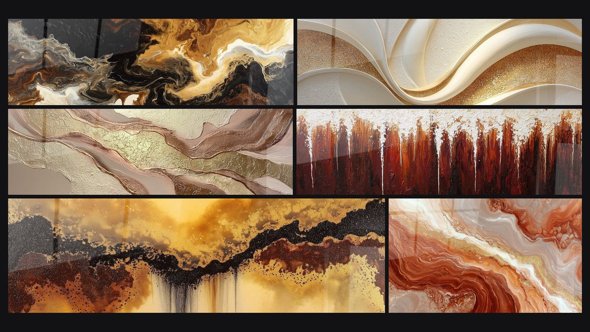 Mosaïque de six tableaux, dont Abstrait tourbillons dorés et noirs et Abstrait Vagues Dorées et Cuivrées