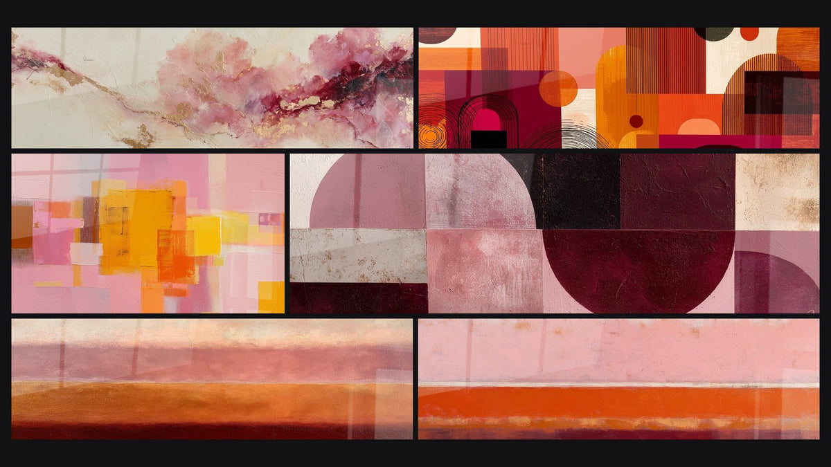 Mosaïque de six tableaux, dont Abstrait aux nuances roses et dorées