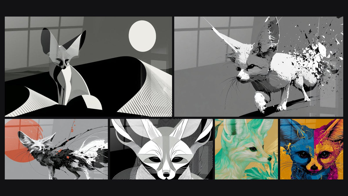 Mosaïque de six tableaux, dont Fennec noir et blanc sous pleine lune et Fennec noir et blanc en dispersion