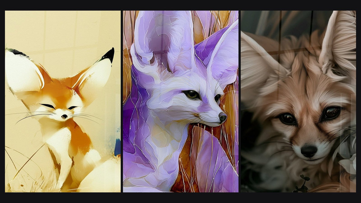Mosaico di tre quadri, tra cui Fennec sabbia e bianco occhi chiusi e Di Fennec bianco e viola tra canne dorate