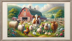 Tableau contemporain de scène de ferme avec animaux domestiques pour chambre d'enfant, style doux et éducatif