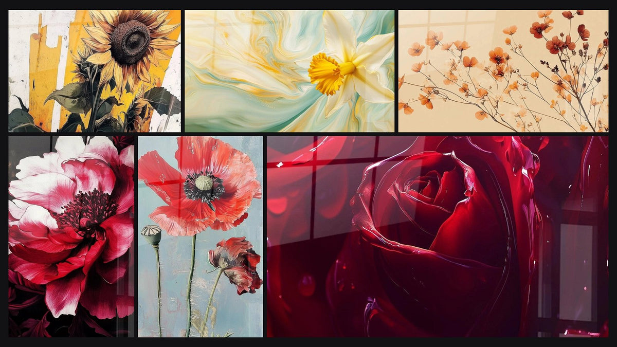 Mosaïque de six tableaux, dont Tournesol N°4, Pivoine N°2 et Narcisse N°3