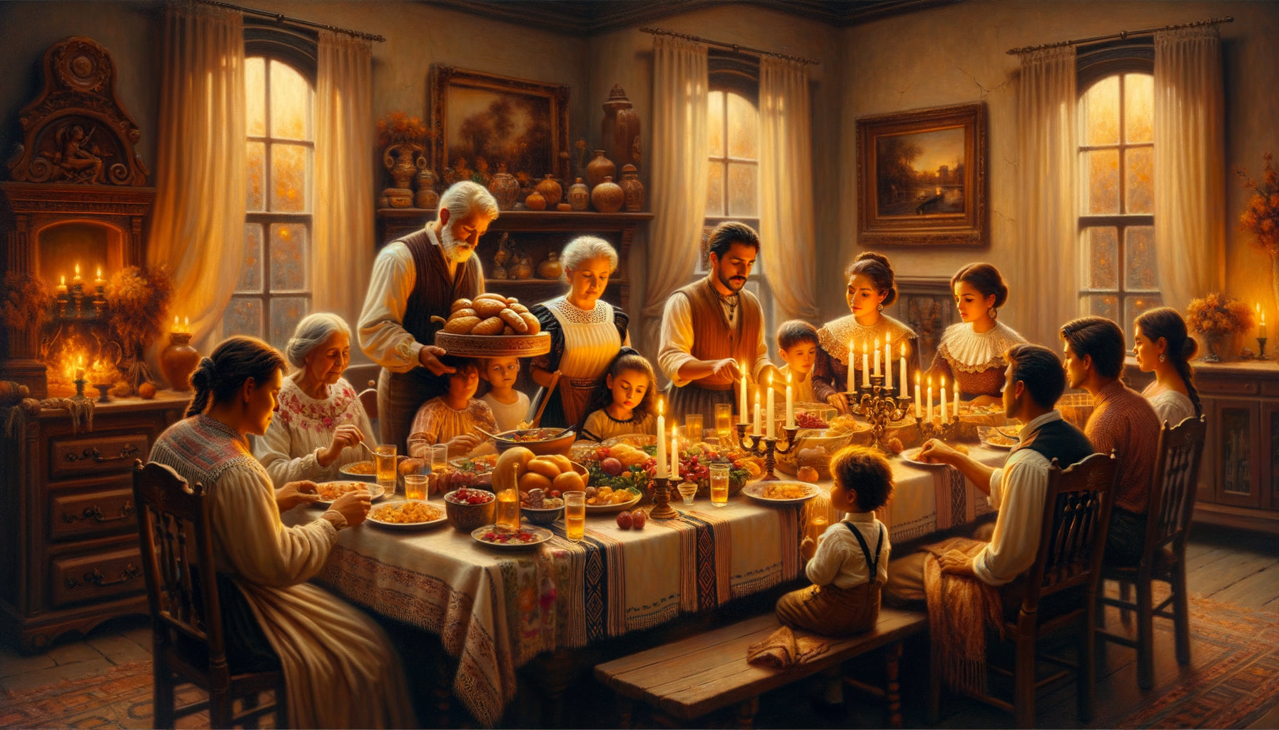 Peinture à l'huile de réunion familiale multigénérationnelle lors d'une fête traditionnelle, style réaliste classique évoquant transmission culturelle