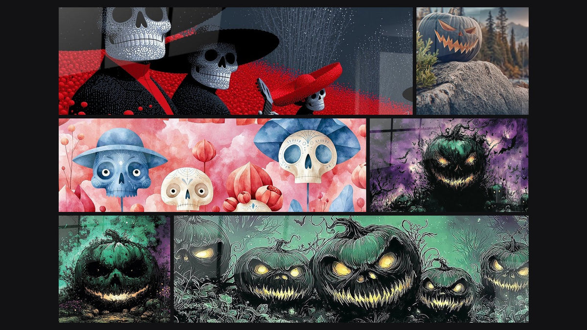 Mosaic of six paintings, including Hatted Skulls blue and pink among flowers and Pumpkin Guardian of Haunted Rocks