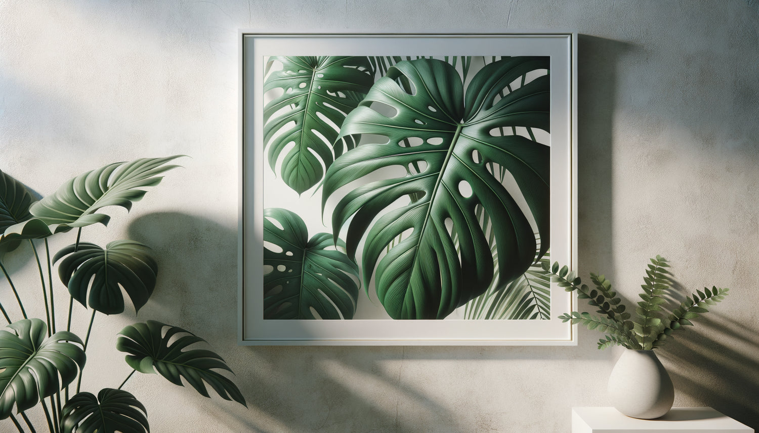 Tableau contemporain de feuillages tropicaux aux verts apaisants dans intérieur bien-être minimaliste