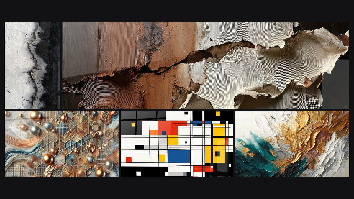 Mosaico di cinque quadri, tra cui Mosaico di Rame, Composizione geometrica colorata di e Traccia in Oro e Giada