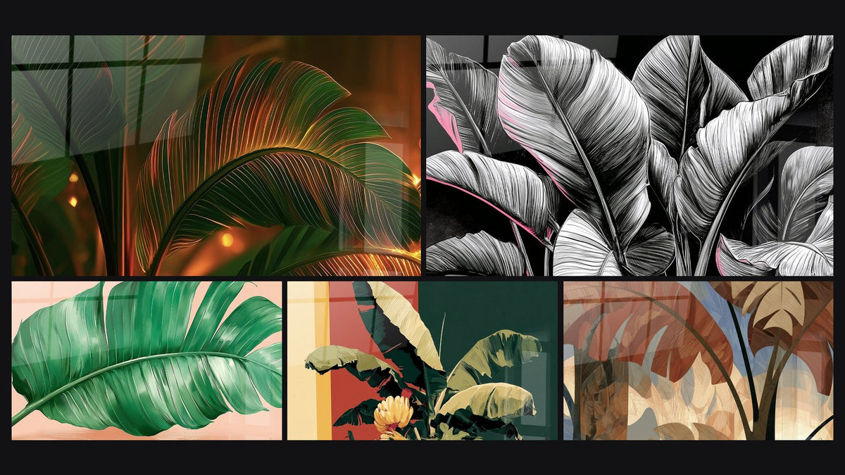 Mosaïque de cinq tableaux, dont Feuille tropicale verte et dorée nervurée et Feuille tropicale verte sur fond pêche