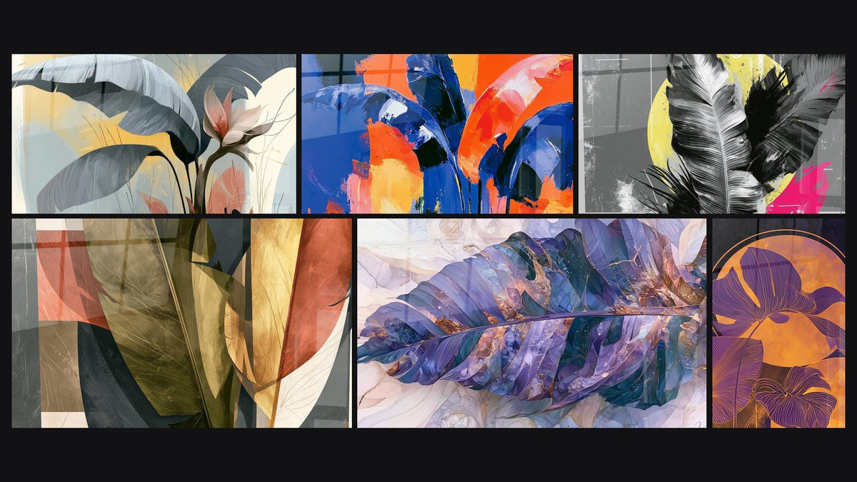 Mosaïque de six tableaux, dont Feuilles violettes sur cercle orangé
