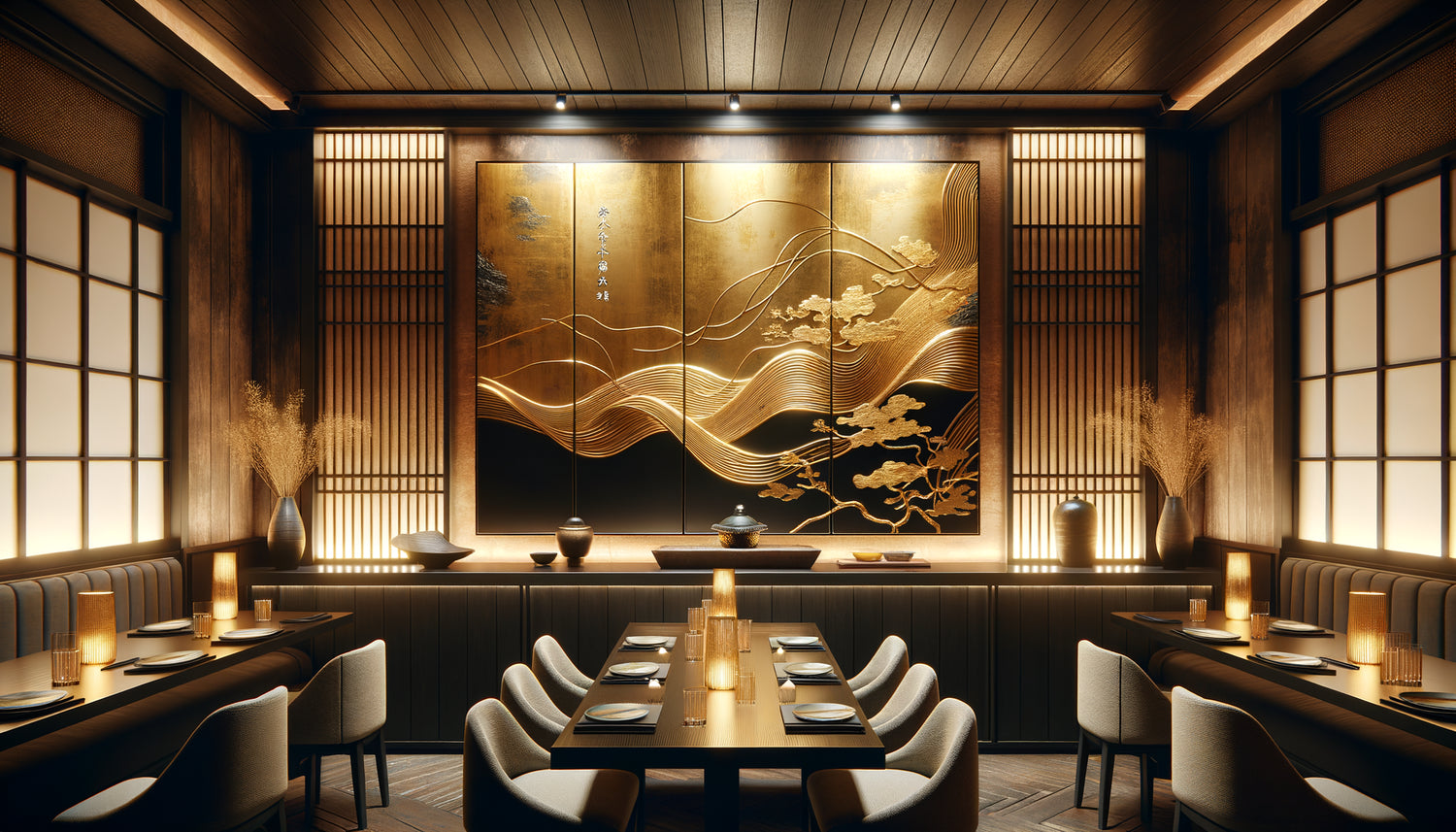 Tableau avec feuilles d'or authentiques sur mur de restaurant asiatique élégant, design traditionnel japonais lacqué noir et or