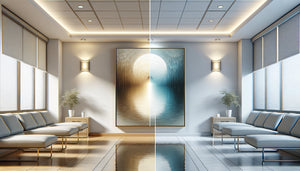 Comparaison finition brillante avec reflets versus finition mate sans reflets sur tableaux en cabinet médical